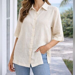 Jams World Linen Button Front Blouse M Ivory Short Sleeve Relaxed Coastal Casual